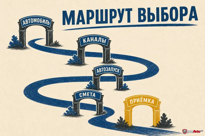Маршрут выбора сигнализации: автомобиль, каналы, автозапуск, смета и приёмка
