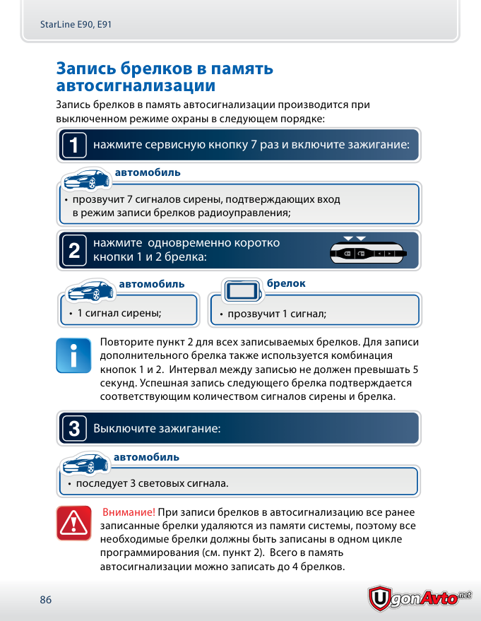 Страница руководства StarLine E90 с записью брелоков