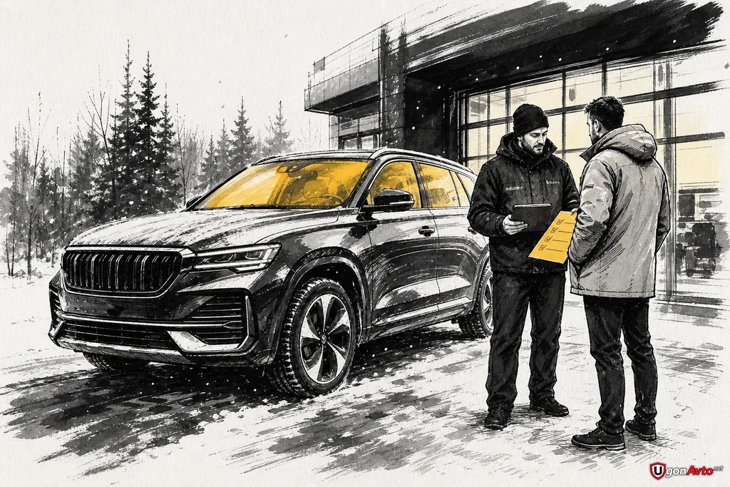 Geely Monjaro зимой у установочного центра перед приёмкой автозапуска Geely Monjaro зимой у установочного центра перед приёмкой автозапуска