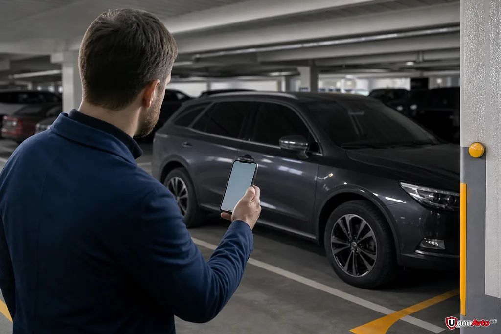 Доверенный человек проверяет закрытый автомобиль на стоянке Доверенный человек проверяет закрытый автомобиль на стоянке
