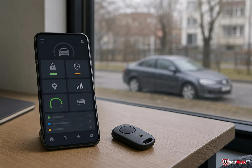 Смартфон с нейтральной панелью статусов и радиометка рядом с автомобилем Смартфон с нейтральной панелью статусов и радиометка рядом с автомобилем