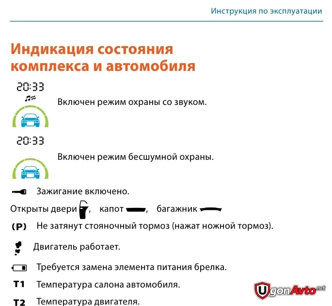 Безопасные статусы экрана StarLine A93/A63 classic: охрана, открытые зоны, двигатель, питание и температуры Безопасные статусы экрана StarLine A93/A63 classic: охрана, открытые зоны, двигатель, питание и температуры