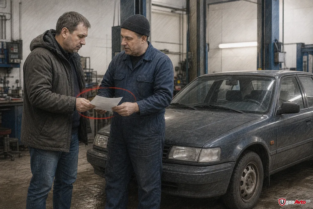 Старый автомобиль перед проверкой установленной охранной системы Старый автомобиль перед проверкой установленной охранной системы