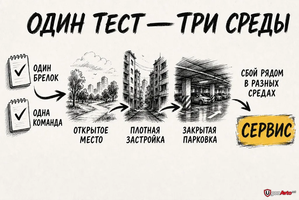 Один брелок и одна команда проверяются на открытом месте, в плотной застройке и на закрытой парковке Один брелок и одна команда проверяются на открытом месте, в плотной застройке и на закрытой парковке