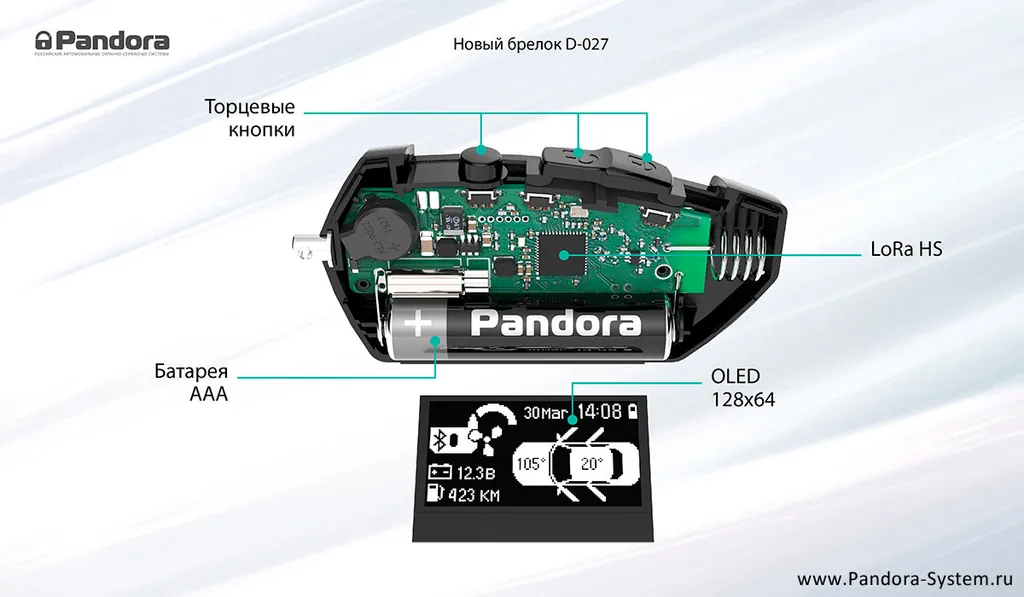 Официальный разрез брелока Pandora D-027 с обозначением основных частей Официальный разрез брелока Pandora D-027 с обозначением основных частей