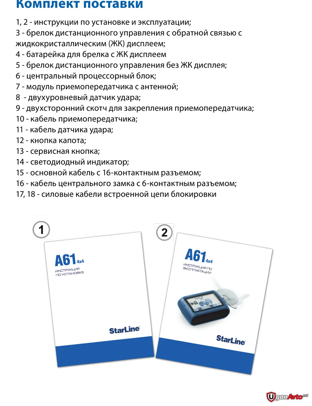 Комплект поставки StarLine A61 4×4 по официальному руководству Комплект поставки StarLine A61 4×4 по официальному руководству