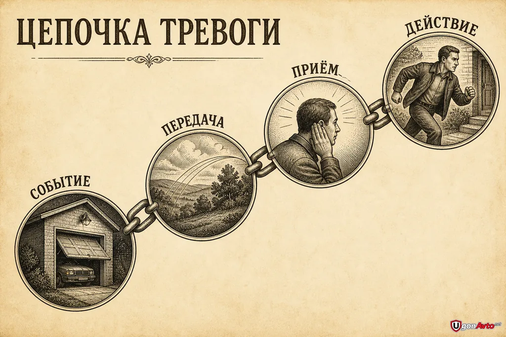 Цепочка тревоги от события до действия человека Цепочка тревоги от события до действия человека