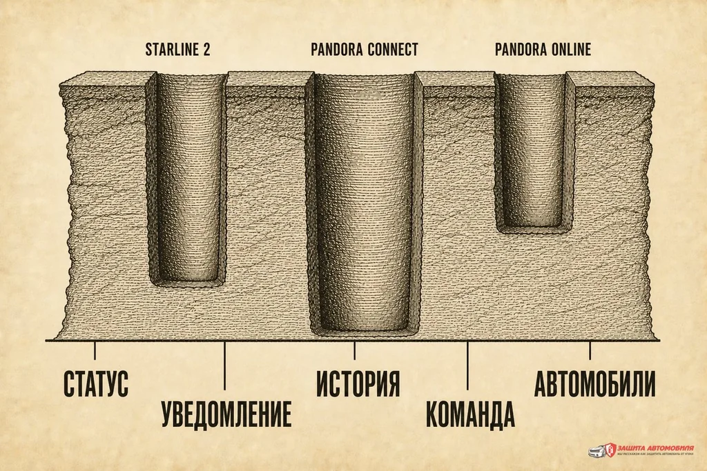 Сравнение StarLine 2, Pandora Connect и Pandora Online по пяти ежедневным задачам