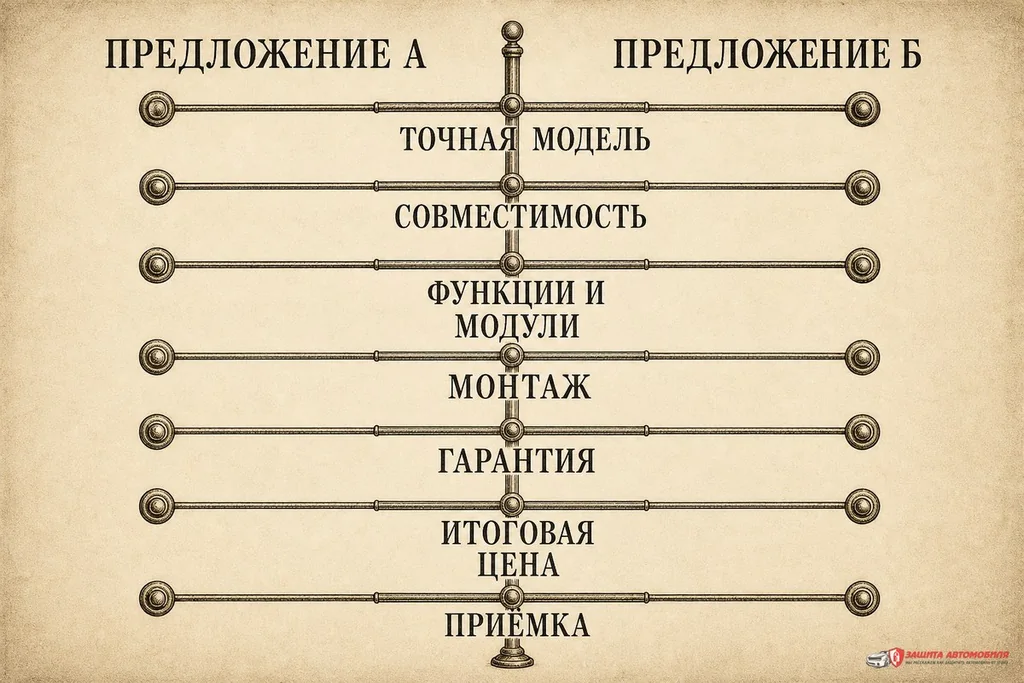 Семь одинаковых критериев для предложений А и Б: модель, совместимость, функции, монтаж, гарантия, цена и приёмка Семь одинаковых критериев для предложений А и Б: модель, совместимость, функции, монтаж, гарантия, цена и приёмка