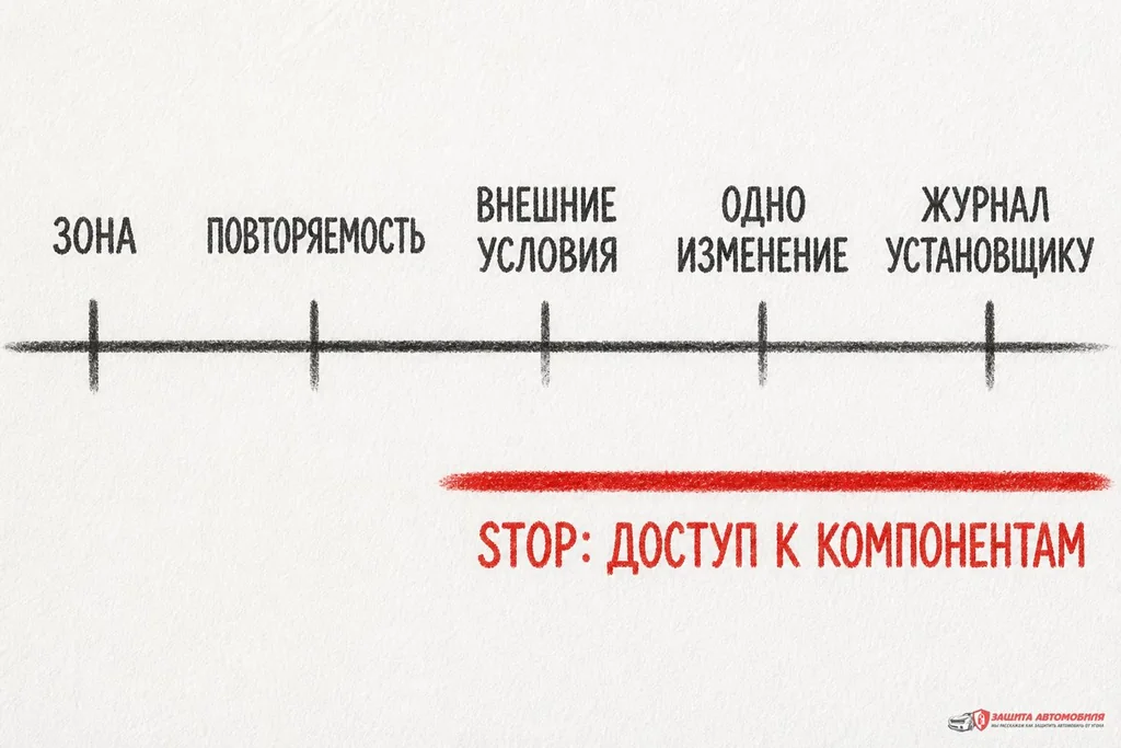 Диагностический маршрут: зона, повторяемость, внешние условия, одно изменение и журнал установщику; STOP до доступа к компонентам Диагностический маршрут: зона, повторяемость, внешние условия, одно изменение и журнал установщику; STOP до доступа к компонентам