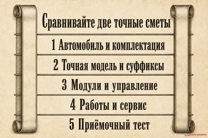 Пять общих критериев для двух смет Две сметы проходят пять одинаковых проверок: автомобиль, точная модель, модули, работы и приёмочный тест