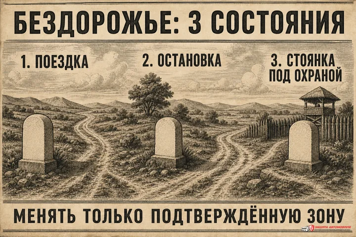 Разделить поездку, остановку без охраны и стоянку под охраной и показать безопасное действие в каждом состоянии. Разделить поездку, остановку без охраны и стоянку под охраной и показать безопасное действие в каждом состоянии.