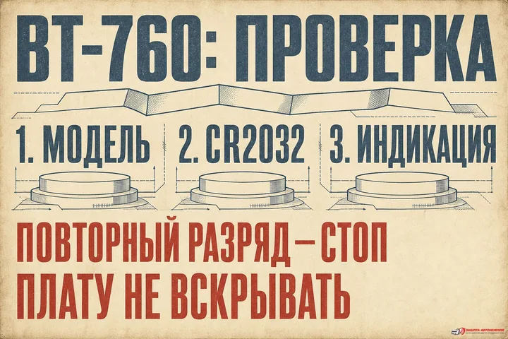 Pandora BT-760: безопасная последовательность проверки Проверка модели, элемента CR2032 и индикации метки BT-760