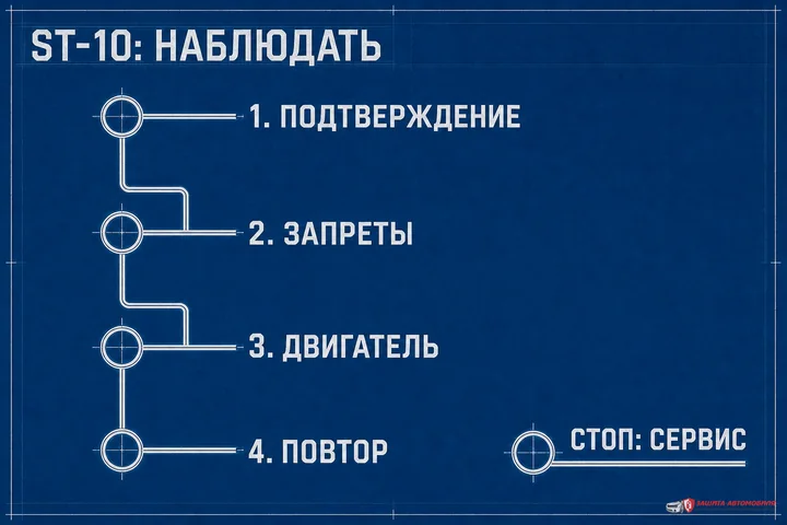Провести владельца через наблюдаемую диагностику ST-10 до профессионального стопа. Провести владельца через наблюдаемую диагностику ST-10 до профессионального стопа.