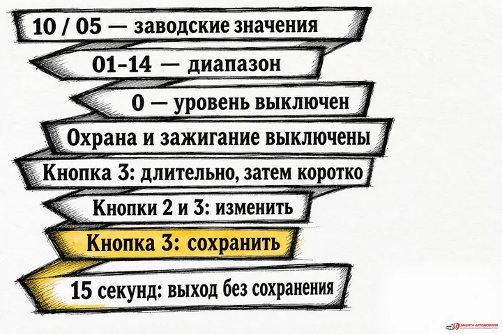 Заводские значения и безопасная последовательность настройки чувствительности StarLine E90